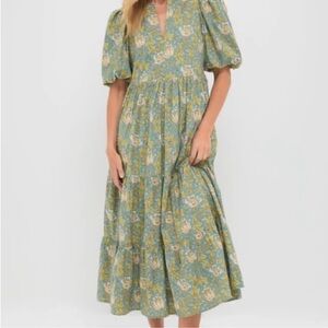 Green Floral Maxi Dress with Puff Sleeves